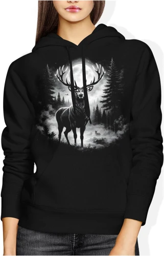Jeleń w lesie noc księżyc natura dzikie zwierzę mgła klimat wilderness spokojny styl Damska bluza z kapturem color:#000000