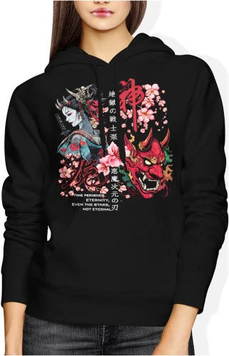 Japoński demon oni gejsza maska sakura kultura japonia samuraj klimat azjatycki styl artystyczny Damska bluza z kapturem color:#000000
