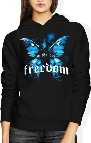 Niebieski motyl estetyczny styl good vibes freedom wolność natura delikatny klimat art vibe Damska bluza z kapturem color:#000000