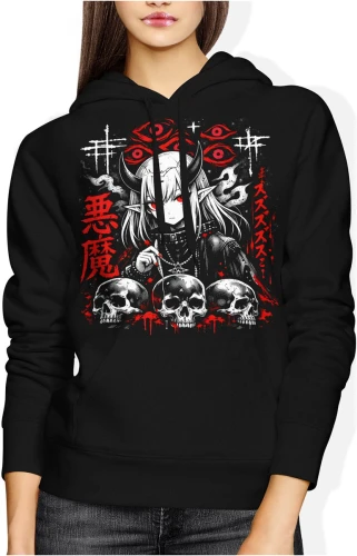 Anime demon girl czaszki mroczny styl goth manga horror japoński klimat dark Damska bluza z kapturem color:#000000