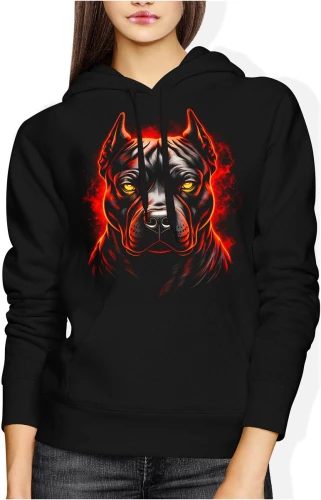 Groźny pies doberman czerwone oczy mroczny zwierzę agresywny stróż Damska bluza z kapturem color:#000000