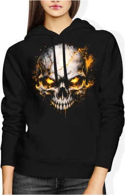 Czaszka ogień złote oczy mroczny klimat horror styl dark skull ognisty motyw streetwear Damska bluza z kapturem