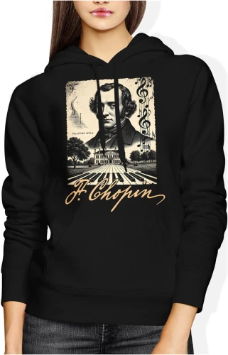 Fryderyk Chopin portret muzyka fortepian nuty klasyka styl artystyczny Damska bluza z kapturem color:#000000