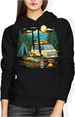 Camping góry van life zachód słońca ognisko natura las namiot podróż vintage retro klimat Damska bluza z kapturem