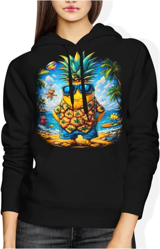 Ananas wakacje plaża lato tropiki śmieszny owoc hawaje chill surfing humor styl Damska bluza z kapturem color:#000000