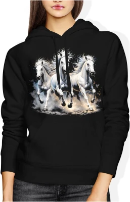 Trzy białe konie galop siła natura dynamika elegancja stado wolność Damska bluza z kapturem