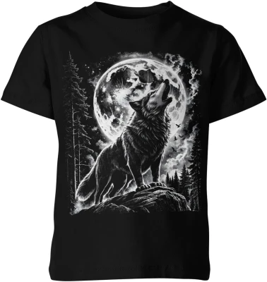 Wilk wyjący do księżyca noc las natura dzikość zwierzę mrok pełnia Dziecięca koszulka