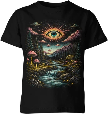 Mistyczne oko krajobraz góry las wodospad grzyby surrealizm psychodela natura fantasy Dziecięca koszulka