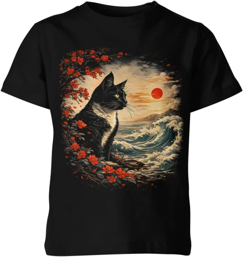 Kot ocean fale zachód słońca natura krajobraz spokój estetyka przyroda styl Dziecięca koszulka 