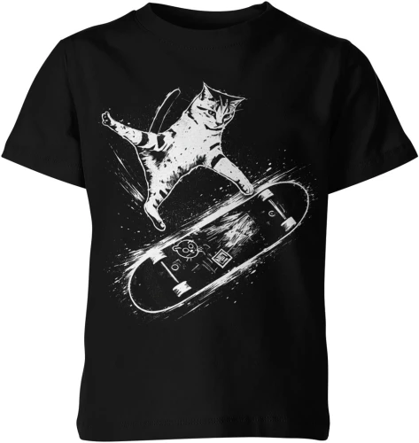 Kot na deskorolce skate trick zwierzę sport uliczny dynamiczny styl czarno biały Dziecięca koszulka 
