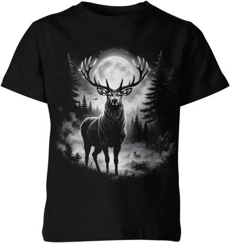 Jeleń w lesie noc księżyc natura dzikie zwierzę mgła klimat wilderness spokojny styl Dziecięca koszulka 