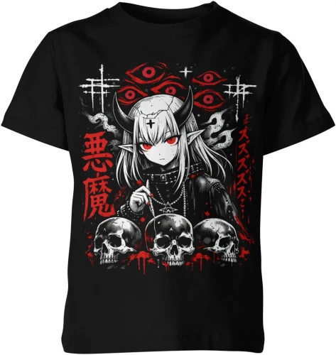 Anime demon girl czaszki mroczny styl goth manga horror japoński klimat dark Dziecięca koszulka 