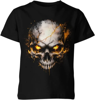 Czaszka ogień złote oczy mroczny klimat horror styl dark skull ognisty motyw streetwear Dziecięca koszulka