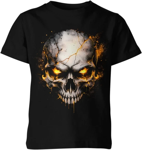 Czaszka ogień złote oczy mroczny klimat horror styl dark skull ognisty motyw streetwear Dziecięca koszulka 