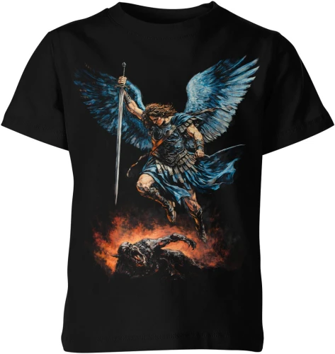 Anioł wojownik skrzydła miecz walka dobro kontra zło ogień epicka scena fantasy legenda Dziecięca koszulka color:#000000