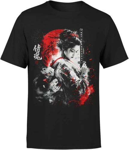 Gejsza Samurai Katana Wojowniczka Czerwone Słońce Męska koszulka 