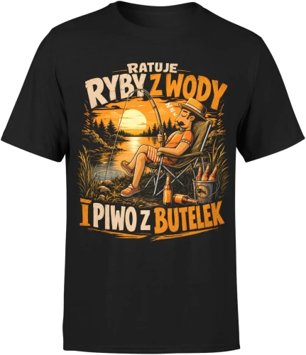 Ratuję Ryby Z Wody I Piwo Z Butelek Wędkarz Jezioro Relaks Męska koszulka 