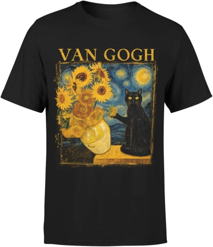 Van Gogh słoneczniki kot gwiaździsta noc  Męska koszulka color:#000000