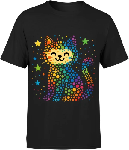 Kolorowy kot gwiazdy tęcza pixel kawaii dzień kropki Męska koszulka 