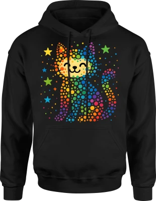 Kolorowy kot gwiazdy tęcza pixel kawaii dzień kropki Męska bluza z kapturem