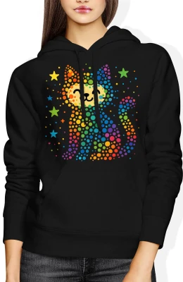 Kolorowy kot gwiazdy tęcza pixel kawaii dzień kropki Damska bluza z kapturem