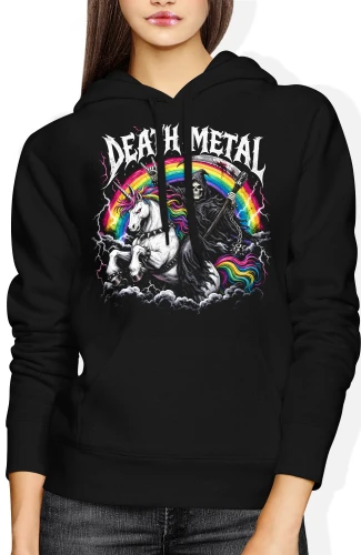 Death Metal jednorożec tęcza mocne brzmienie Damska bluza z kapturem color:#000000