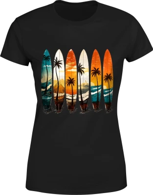 Deski surfingowe plaża palmy lato ocean wakacje Damska koszulka