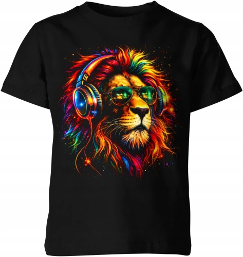 Kolorowy lew DJ neon animal party Dziecięca koszulka 