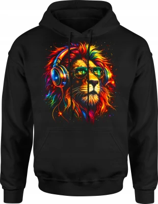 Kolorowy lew DJ neon animal party Męska bluza z kapturem