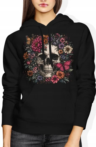 Kwiaty i Czaszka motyl dark flower Damska bluza z kapturem color:#000000