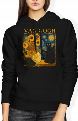 Van Gogh słoneczniki kot gwiaździsta noc  Damska bluza z kapturem color:#000000