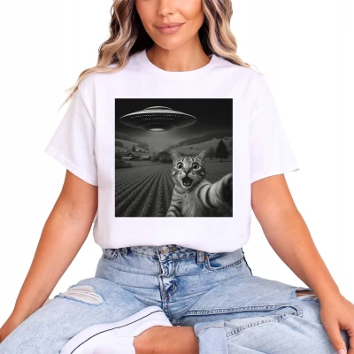 Ufo Alien Cat Selfie Damska koszulka