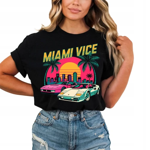 Miami Vice – retro klimat lat 80, szybkie auta i neonowe miasto Damska koszulka color:#000000