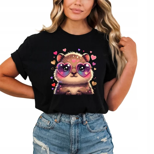Słodka kabibara serca miłość kawaii uroczy styl Damska koszulka color:#000000