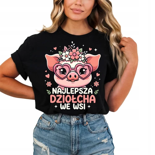 Najlepsza dziołcha we wsi świnka okulary serca kwiaty uroczy styl wiejski humor dziewczyna Damska koszulka color:#000000