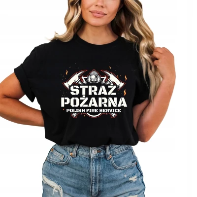 Straż Pożarna Polish Fire Service hełm topory płomienie symbol służby ratowniczej prosty styl Damska koszulka
