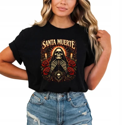 Santa Muerte czaszka róże świece mistyczny klimat religijny symbol śmierci tattoo dark styl Damska koszulka