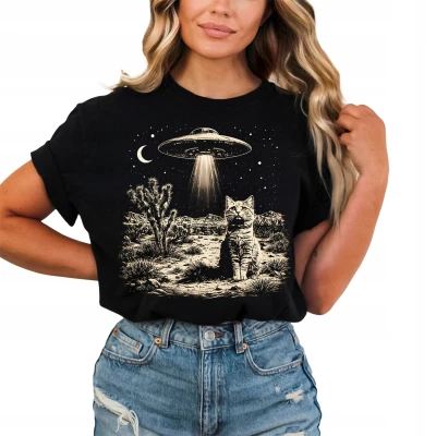 Kot ufo kosmici noc pustynia księżyc sci fi tajemnica klimat vintage space surrealizm Damska koszulka