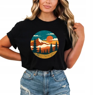 Góry zachód słońca krajobraz vintage las natura podróże trekking outdoor retro styl Damska koszulka
