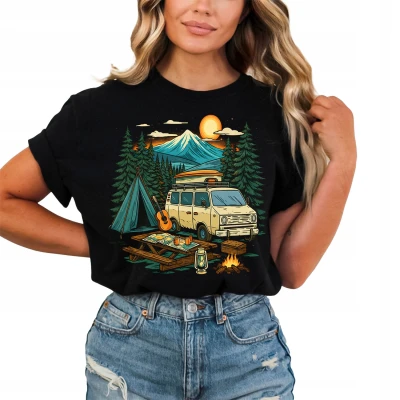 Camping góry van life zachód słońca ognisko natura las namiot podróż vintage retro klimat Damska koszulka