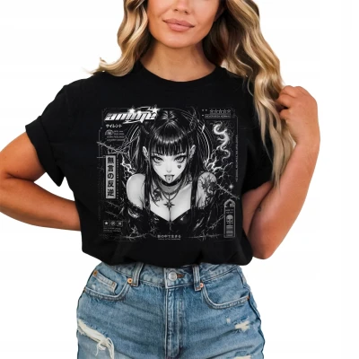 Anime goth girl demon horns manga japonia Damska koszulka