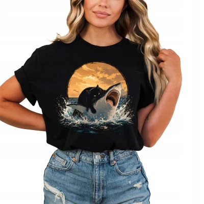 Kot Na Rekinie Shark Cat Surreal Damska koszulka