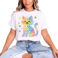 Kolorowy kot gwiazdy tęcza pixel kawaii dzień kropki Damska koszulka 