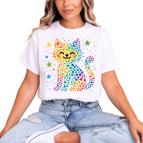 Kolorowy kot gwiazdy tęcza pixel kawaii dzień kropki Damska koszulka 
