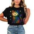Kolorowy kot gwiazdy tęcza pixel kawaii dzień kropki Damska koszulka 